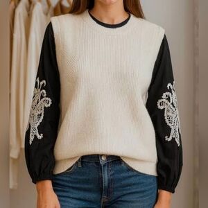 Nanette Lepore Cream and Black Embroidered Sweater